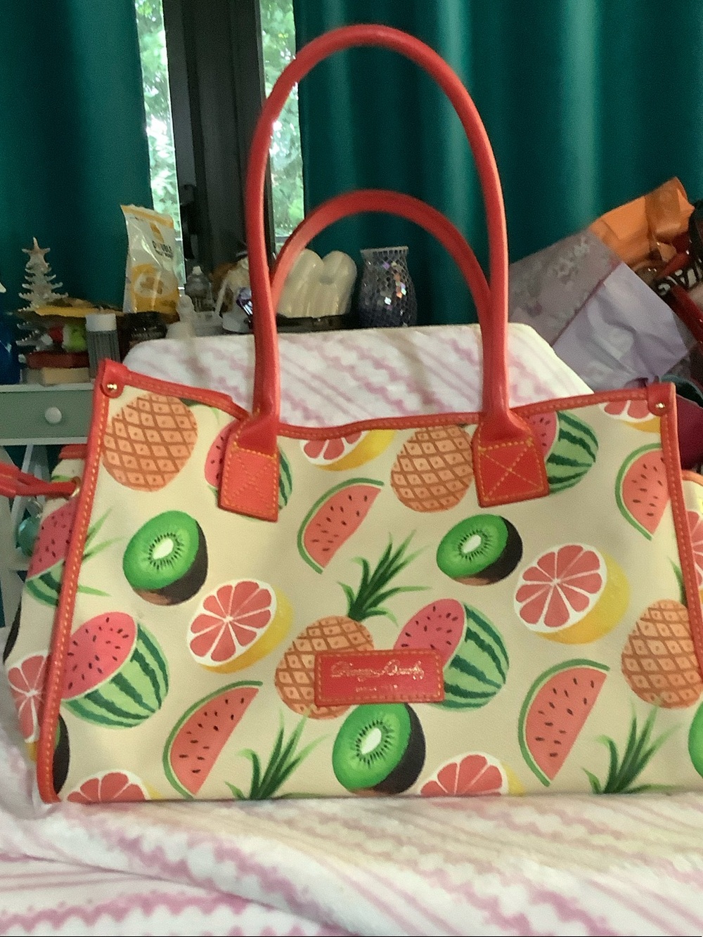 Fruit-Print Cream Tote with Coral Trim